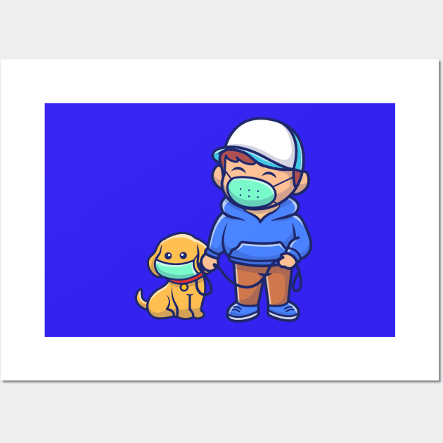 Cute Boy With Dog Wearing Mask Cartoon Wall Art by Catalyst Labs